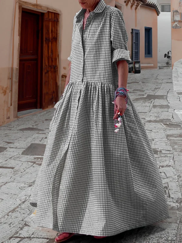 Elenna - Trendy Long-Sleeved Cotton and Linen Plaid Swing Dress