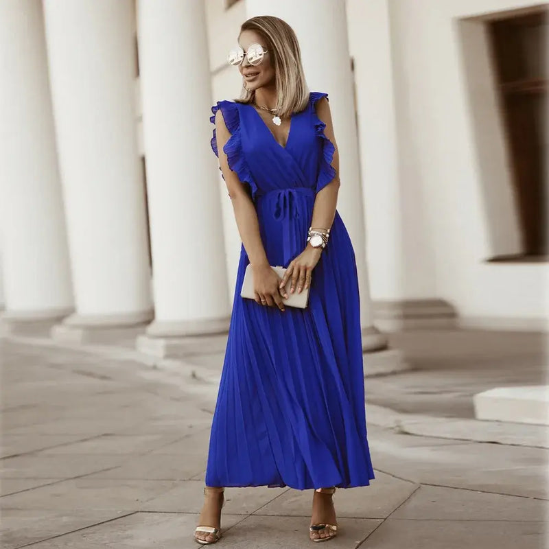 Sybil - Elegant Women's Maxi Ruffle Dress With Belt