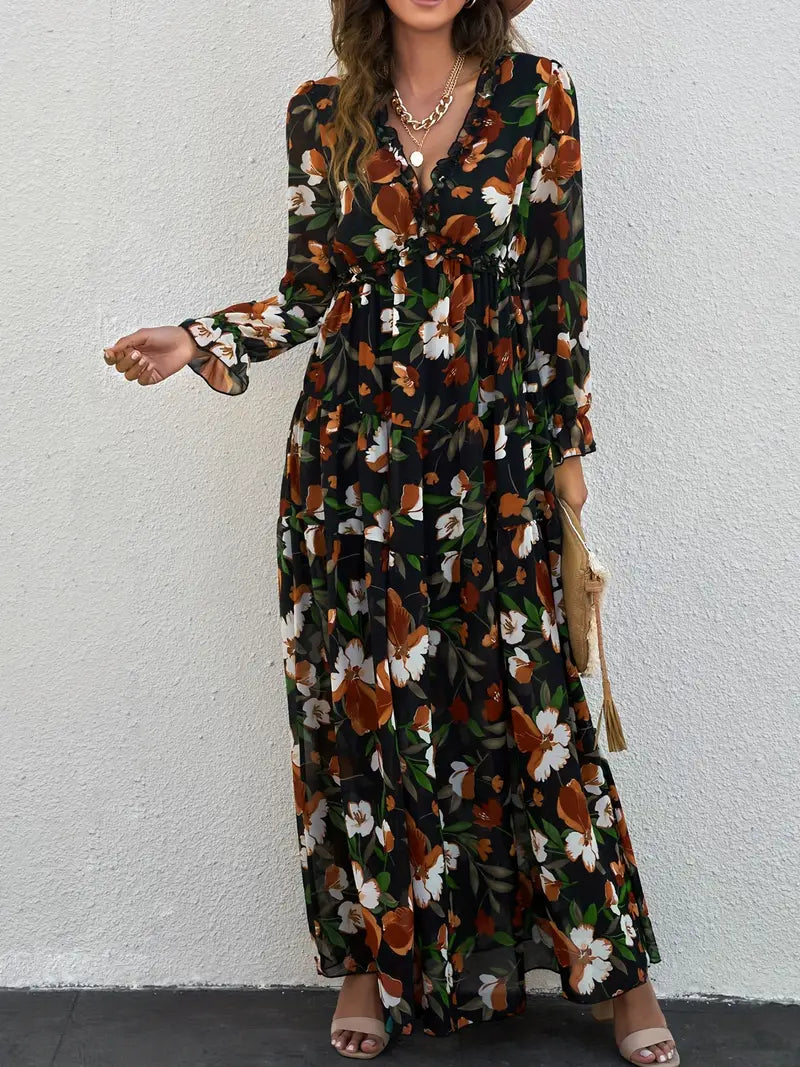 Alison - Elegant Floral Maxi Dress with V-neck and Long Sleeves