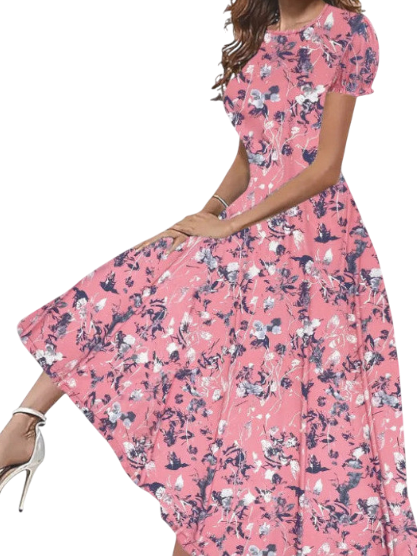Pollyanna - Charming Floral-Print Round-Neck Dress for Spring and Summer