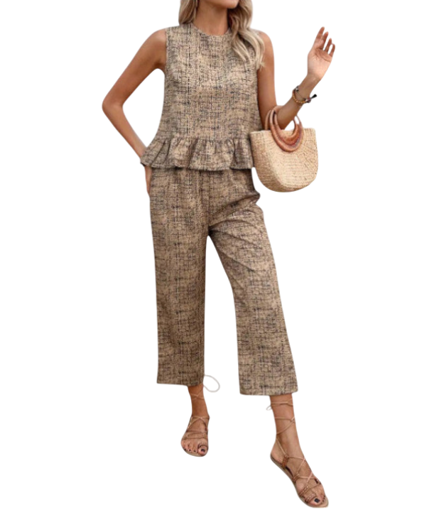 Jacqueline - Elegant Women's Two-Piece Set with Sleeveless Peplum Top and Wide-Leg Shorts