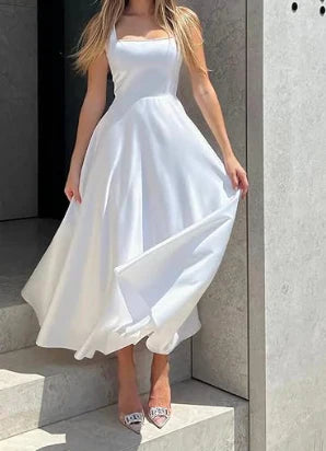 Bianca - Elegant A-line Midi Dress with Square Neckline and Spaghetti Straps