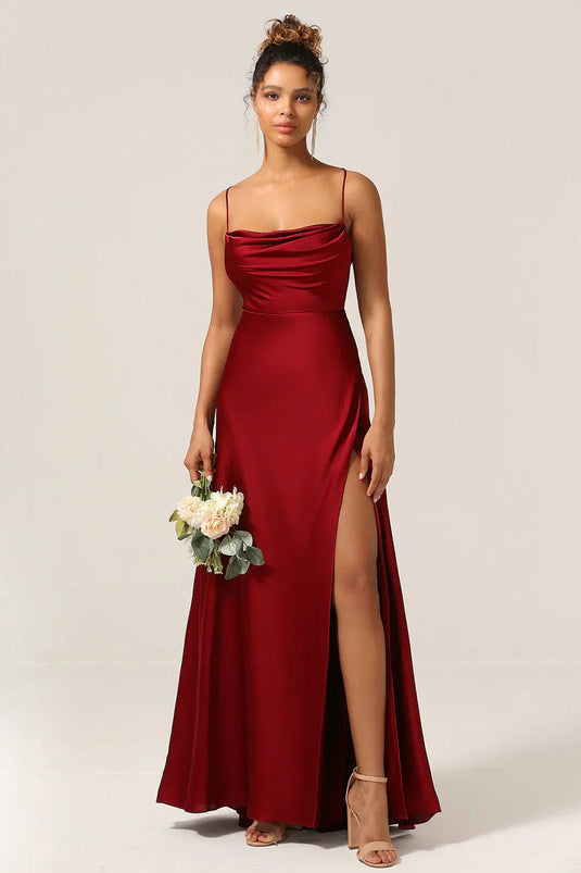 Kelsey – Elegantes Satin-Maxikleid mit Wasserfallausschnitt und Spaghettiträgern