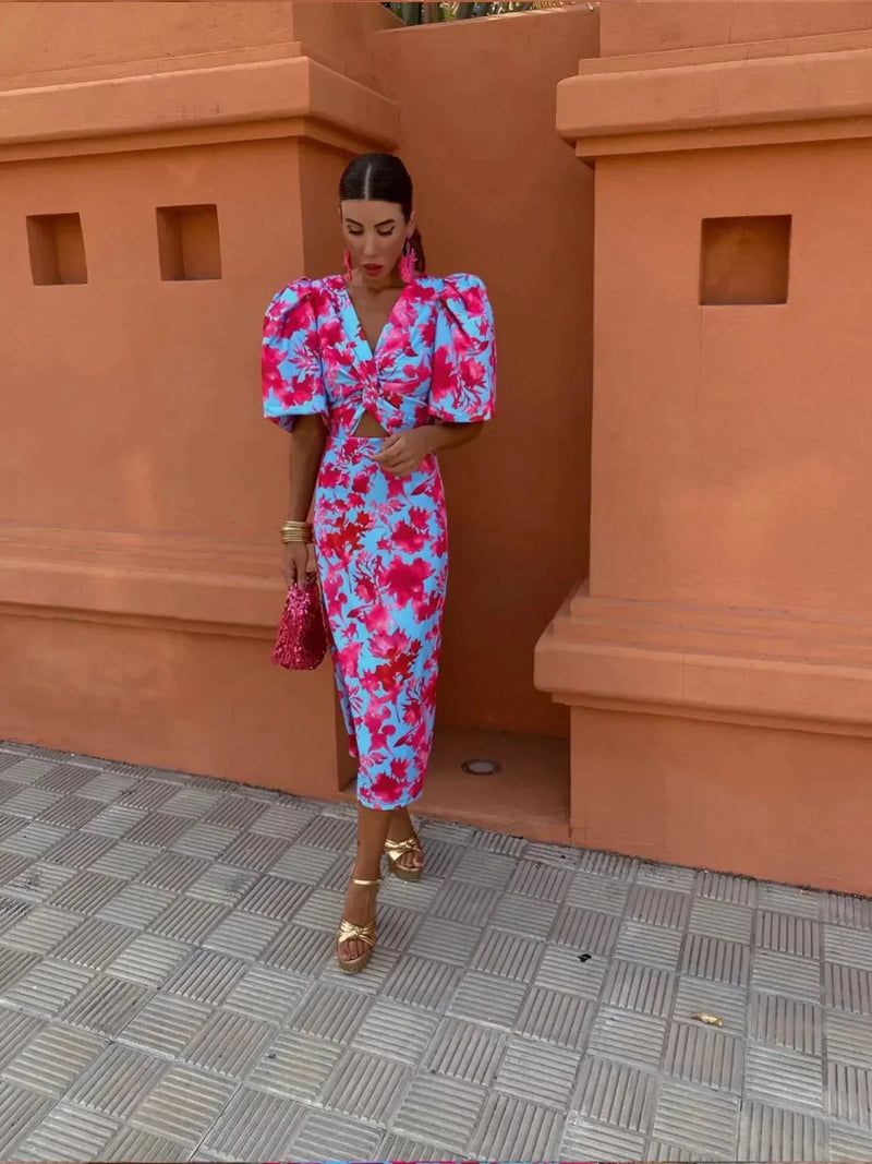 Jackie - Women's Elegant Puff Sleeve Printed Dress for Special Occasions