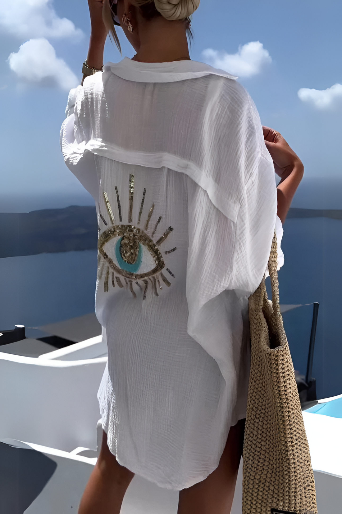 Myra - Stylish Evil Eye Beaded Polo Button Down in Cotton