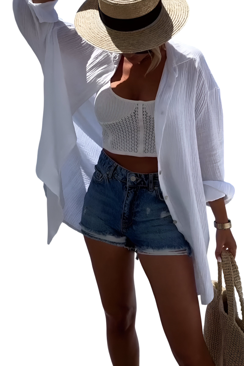 Myra - Stylish Evil Eye Beaded Polo Button Down in Cotton