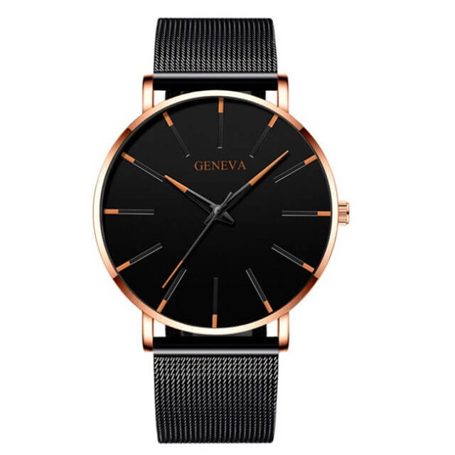 Roman - Geneva Ultra Slim Men Wristwatch Mesh Band Black Dial